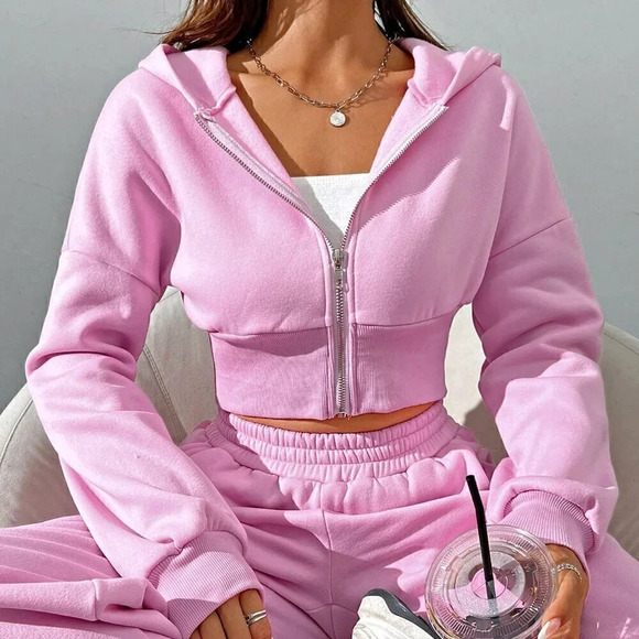 Pink Casual Women's Spring Zip Front Hooded Sweatshirt And Pants Set